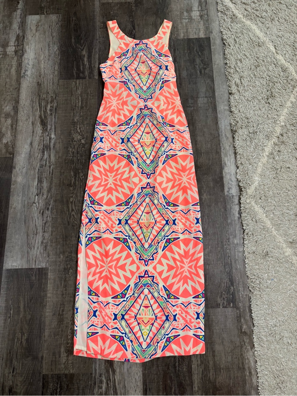 Gianni Bini Coral and Neon Geometric Maxi Dress